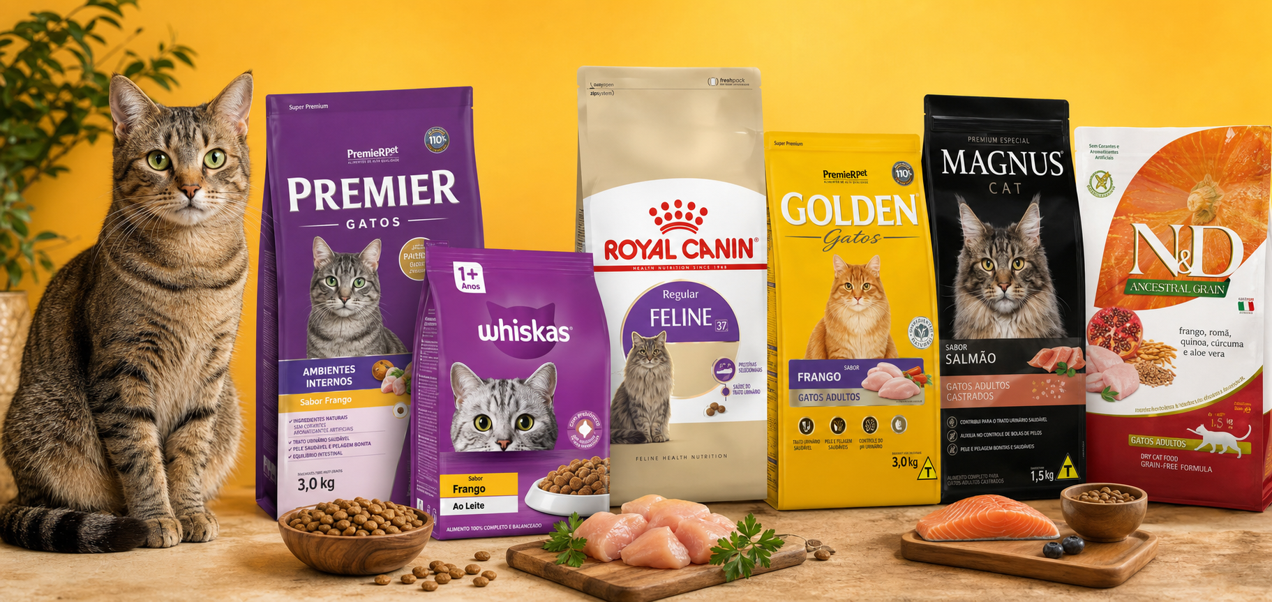 Ração para gatos — Premier Gatos, Whiskas, Royal Canin Feline