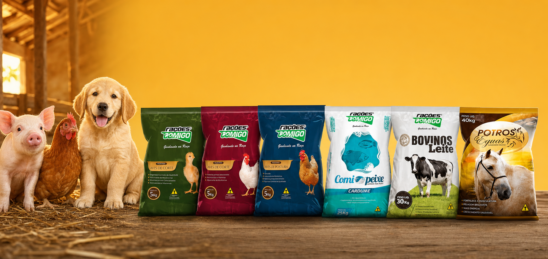 Linha completa Comigo — ração para suínos, aves, cães, equinos, bovinos e peixes